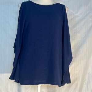 White House Black Market Cold Shoulder Navy Blue Knit Top Batman Sleeves 4👍